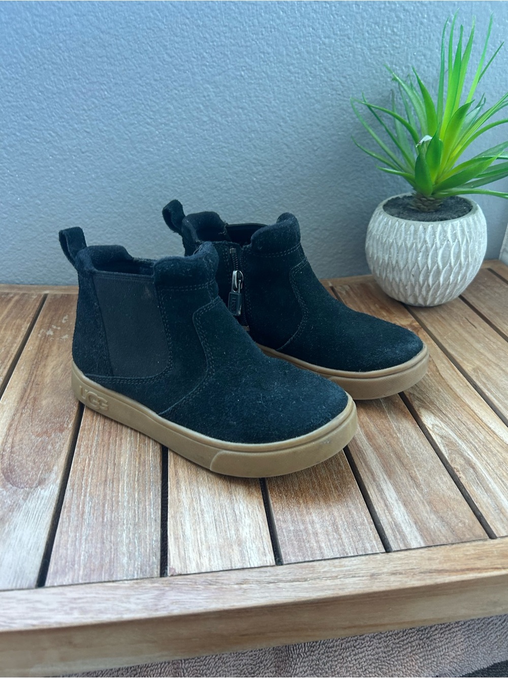 UGG Kids Black Suede Boots with Tan Sole